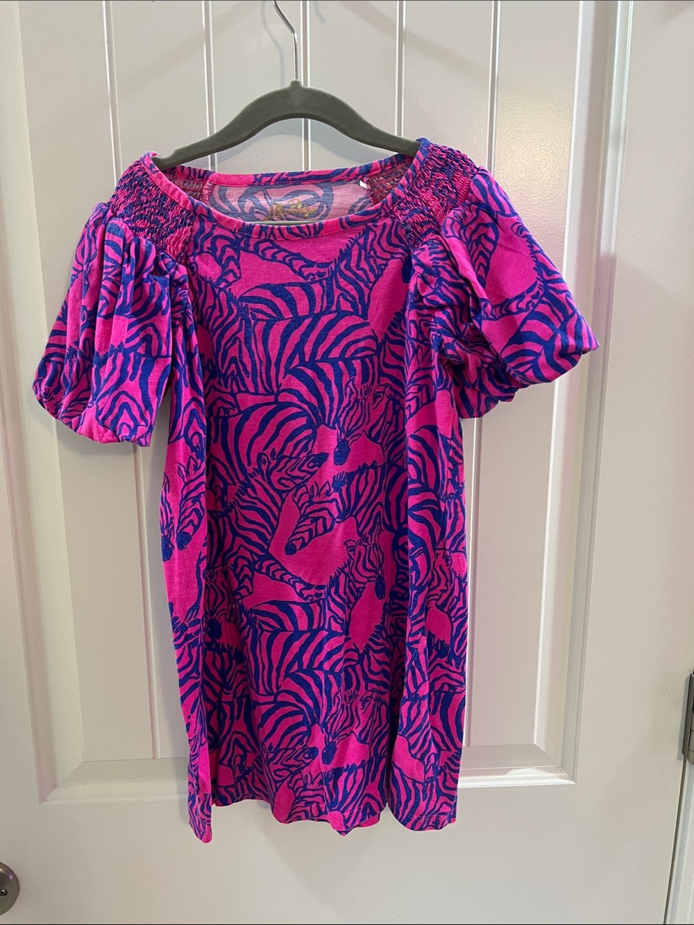 Lilly Pulitzer Hot Pink & Royal Blue Zebra-Print Puff Sleeve Dress size 6-7